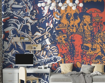 Wall wallpaper for a boy's room, graffiti on the wall, youth decoration