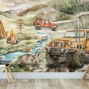 Tapeta dla dzieci na ścianę Mountain Camp / jeep cars offroad 4x4