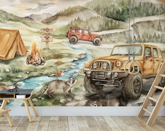 Children's wallpaper for the wall Mountain Camp / jeep cars offroad 4x4
