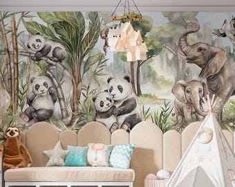 Wallpaper Jungle Safari Pands - Animal Safari mural Peel and stick or non woven