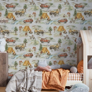Wallpaper for a boy's room off-road jeep 4x4 animals forest
