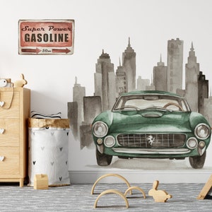 Naklejki na ścianę dla dzieci VINTAGE CARS, samochody, dekoracja do pokoju chłopca akwarela