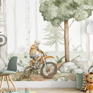 Motorradtapete für Kinder an der Wand Crossy Motorräder im Waldabenteuer