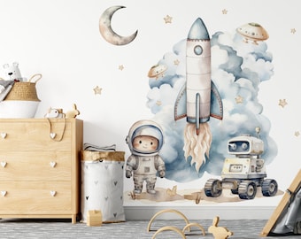 Autocollants spatiaux pour chambre d'enfants, autocollants muraux astronautes planètes étoiles vaisseau spatial