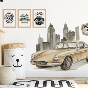Naklejki na ścianę dla dzieci samochody retro akwarela vintage ferrari do pokoju chłopca