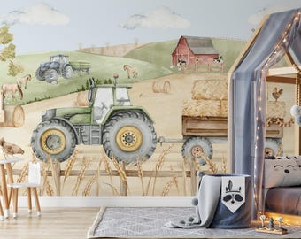Tractor wallpaper for kids room horse cow, peel and stick or non woven