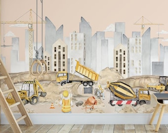 May include: A watercolor illustration of a construction site with yellow construction vehicles, including a dump truck, a cement mixer, and a bulldozer. The scene is set against a backdrop of gray buildings and a light pink sky.