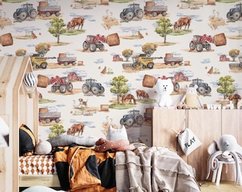 Farm wallpaper for kids, animals tractor combine cows horses nursery decals