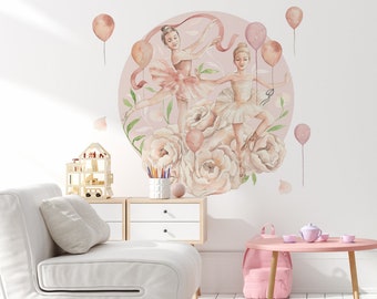Wandaufkleber für Mädchen: Ballerina-Blumen und Luftballons