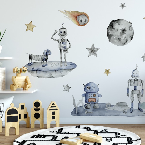 Sticker mural robots, stickers muraux avec robots PLANETS MOON STARS cosmos, robots pour enfants sur l'aquarelle murale