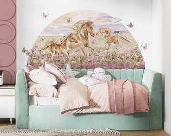 Wall stickers for girls HORSES IN THE FIELD flowers butterflies ponies