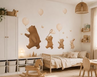 Woodland Nursery Wall Decal – Bear Family rabbit Balloon Wall Stickers for kids room