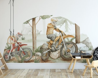 Kreuz Motorräder Wandaufkleber für ein Kinderzimmer, KINDERZIMMER, Motorradkreuz im Wald Wandaufkleber