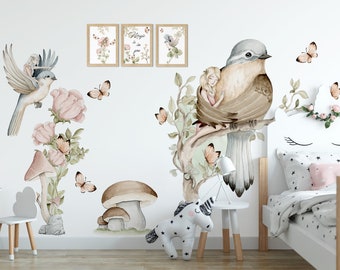 Wall stickers for girl Thumbelina birds butterflies flowers watercolor roses