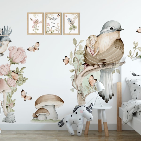 Stickers muraux pour fille Thumbelina oiseaux papillons fleurs aquarelle roses