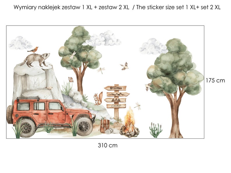 Wall stickers for a boy's room, jeep, off-road car, trees, forest, animals, XL wall decal nursery room Set 1 XL + Set 2 XL