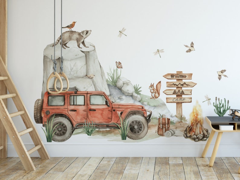 Wandaufkleber für ein Jungenzimmer, Jeep, Geländewagen, Bäume, Wald, Tiere, XL-Wandaufkleber Kinderzimmer Bild 3