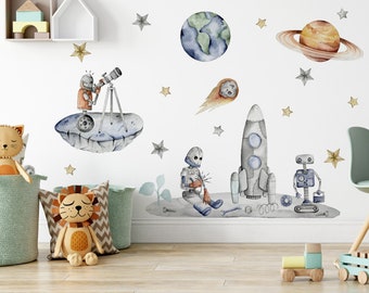 Wandtattoo robots planeten sterne, naklejki na ścianę dla dzieci z robotami rakieta kosmos gwiazdki