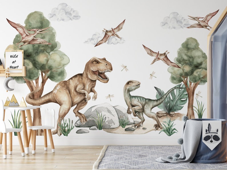 Dinosaurs wall stickers for kids DINO T-REX watercolor XL dinosaur wall sticker for kids and nursery jurassic park image 1