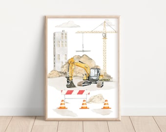 Wall poster excavator at the construction site