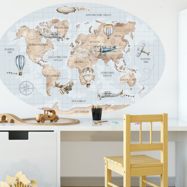 World map wall stickers for children RETRO PLANES / map with planes / capital cities / continents