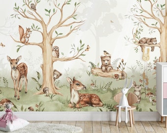 Tapeta dla dzieci na ścianę Leśna rodzina / do pokoju dziecka tapeta leśne zwierzęta / miś / królik / motyl