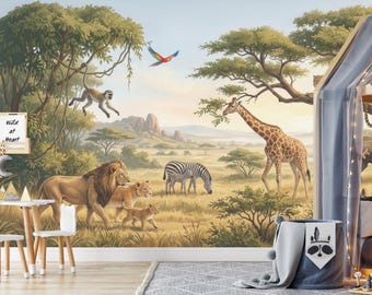 Safari wild animals wallpaper for kids room, non woven or self adhesive wallpaper with lions elephant