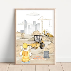 Póster de pared para una grúa excavadora de rodillos de construcción de la habitación de un niño