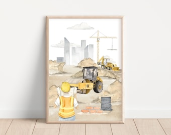 Wall poster for a child's room construction roller excavator crane