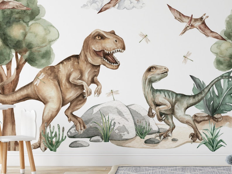 Dinosaurs wall stickers for kids DINO T-REX watercolor XL dinosaur wall sticker for kids and nursery jurassic park image 2