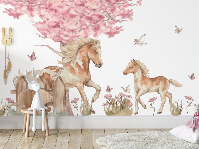 Stickers muraux fille CHEVAUX PAPILLONS FLEURS / Stickers muraux fille chevaux papillons fleurs image 2