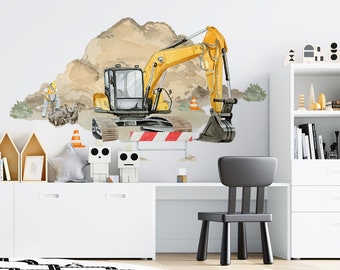 May include: A yellow excavator with a black cab and a black arm is digging into a brown dirt pile. The excavator is on a white background with a red and white striped barrier in front of it. There is a small figure of a construction worker in the background.