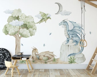 DRAGONS wall stickers for children, clouds, plants, dragonflies, flying dragons