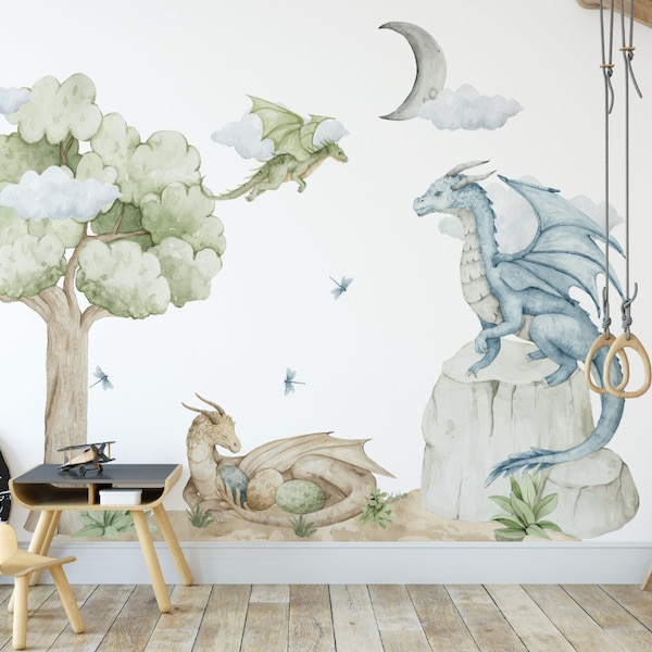 Muurstickers met draken voor kinderen: wolken, planten, libellen, vliegende draken.