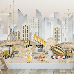 Wall wallpaper for a boy's room CONSTRUCTION EXCAVATOR CRANE tipper sand