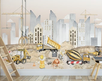 Wall wallpaper for a boy's room CONSTRUCTION EXCAVATOR CRANE tipper sand