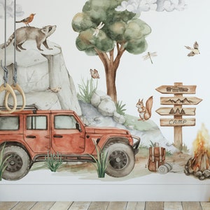 Wall stickers for a boy's room, jeep, off-road car, trees, forest, animals, XL wall decal nursery room image 2