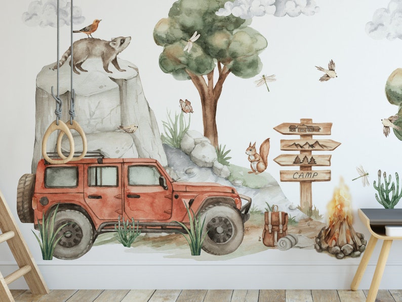 Wandaufkleber für ein Jungenzimmer, Jeep, Geländewagen, Bäume, Wald, Tiere, XL-Wandaufkleber Kinderzimmer Bild 2