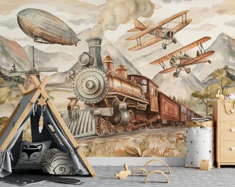 Wallpaper with a retro train plane airship for a boy's room peel and stick or non woven