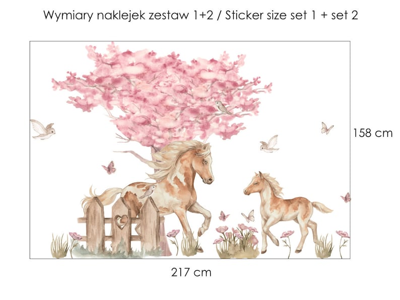 Stickers muraux fille CHEVAUX PAPILLONS FLEURS / Stickers muraux fille chevaux papillons fleurs Set 1 + Set 2