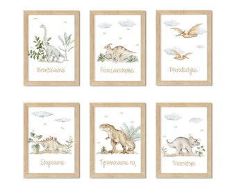 May include: Six framed watercolor illustrations of different dinosaurs. Each illustration features a dinosaur with its name written below. The dinosaurs are Brontosaurus, Parasaurolophus, Pterodactylus, Stegosaurus, Tyrannosaurus Rex, and Triceratops.