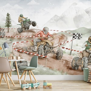 Carta da parati quad per bambini sul muro / carta da parati per la cameretta dei bambini Quad durante una corsa nella foresta