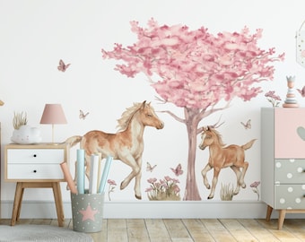 Paarden muurstickers voor meisjes boom bloemen en vlinders delicaat roze
