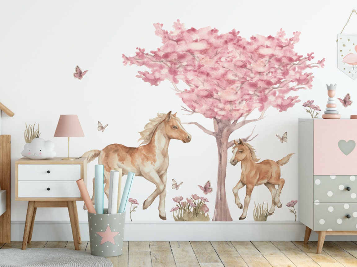 Horses wall stickers for girls tree flowers and butterflies delicate pink