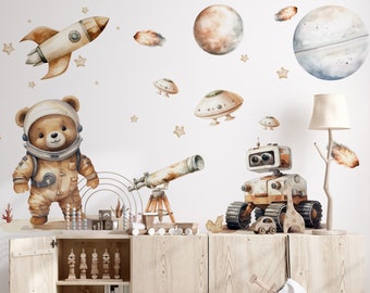 SPACE bear wall stickers for kids room STARS PLANETS rocket