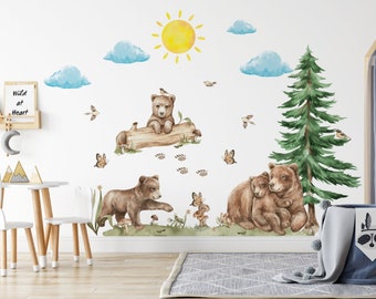 Woodland animals teddy bear with family wall sticker for kids room