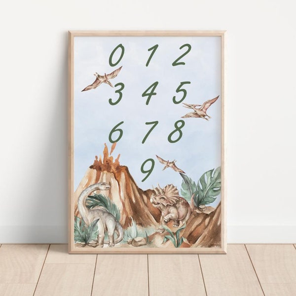 Poster for the wall EDUCATIONAL with numbers dinosaurs dino watercolor