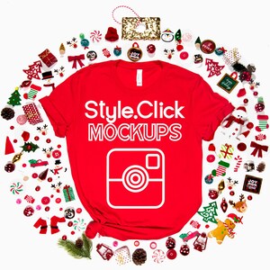 Bella Canvas 3001 Camiseta roja Mockup / Bella Christmas Mockup / Holiday Shirt Mock up / Bella Canvas 3001c Christmas Ball Ornament Mockup v2