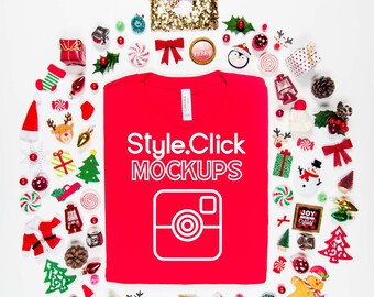 Bella Canvas 3001 Red T-shirt Mockup | Bella Christmas Mockup | Holiday Shirt Mock up | Bella Canvas 3001c Christmas Ball Ornament Mockup