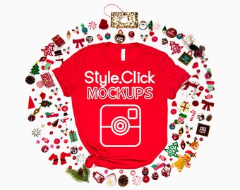Bella Canvas 3001 Red T-shirt Mockup | Bella Christmas Mockup | Holiday Shirt Mock up | Bella Canvas 3001c Christmas Ball Ornament Mockup v2